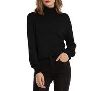Woolen Bloom Jersey de mujer con cuello alto, suéter de punto elástico, suéter de cuello redondo, elegante, de manga larga, suéter para otoño e invierno, Negro-1., L
