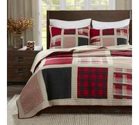 WOOLRICH Juego de edredón Estilo cabaña invertido a Color sólido, algodón, Rojo a Cuadros, tamaño King