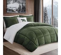 Woolrich Juego de edredón Reversible de Felpa ultrasuave a Sherpa, Alternativa de plumón, Ropa de Cama cálida para Clima frío, con Funda a Juego, Almohada Decorativa Verde/Marfil, tamaño King, 4
