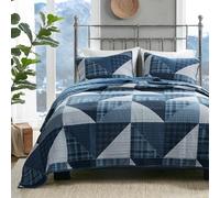 Woolrich Olsen - Juego de Colcha Reversible, Estilo rústico, Color Liso por Otro Lado, Ligera, Todo el año, acogedora, Fundas Almohada a Juego, King Extragrande/Cal King, Azul geométrico
