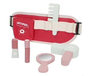 WOOMAX 33071 Juego de Belleza Infantil, Set de 6 Piezas, Cinturón Ajustable con Compartimentos y Accesorios de peluquería y Maquillaje de Madera, Sello FSC, Juguete estética, Regalo, niñas 3 años