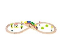 WOOMAX 43629 - Tren de madera de juguete con vías y accesorios, para niños, con locomotora