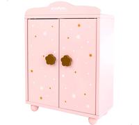 WOOMAX - Armario de muñecas de madera, Armario para ropa de muñecas, Armario de juguete, mide 24x11x32,5 cm, color rosa con estrellas, con 3 perchas, WOOMAX, + (49362)