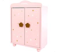 WOOMAX - Armario de muñecas de madera, Armario para ropa de muñecas, Armario de juguete, mide 24x11x32,5 cm, color rosa con estrellas, con 3 perchas, WOOMAX, + (49362)