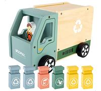 WOOMAX Camión basura de juguete, Camión de madera, Camión basura de madera, Camión de reciclaje, 3 cubos de reciclaje, Juguetes de madera, Juguetes educativos, +18 meses