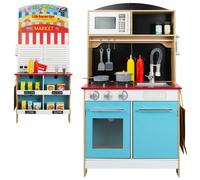 WOOMAX - Cocina de madera 4 en 1 con heladería y supermercado, juguete interactivo con luz y sonido, 60x40x109 cm, 31 piezas y accesorios para cocinar y vender, ideal para juegos de rol, +3 años,