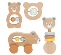 WOOMAX Set 4 sonajeros Madera bebé, Diseño de Oso, Cuentas móviles, Colores Pastel, Certificado FSC, Bordes Redondeados, Juego Educativo, Juguetes para recién Nacido, Juegos para bebés (39252)