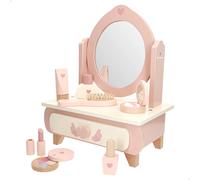 WOOMAX - Tocador de madera con espejo y accesorios, set de belleza, con peine, pintalabios, frascos y paletas, juguete simbólico, madera sostenible FSC, para desarrollar creatividad, habilidades