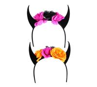WOONEKY 2 Piezas Diadema Halloween con Cuernos y Calavera Decoración Floral para Fiesta Accesorios para Cabello Cómodos y Unisex para Disfraces Temáticos
