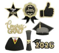 WOONEKY 8 Piezas Parche Bordado Clase Negro y Dorado para Decoración Graduación Apliques Termoadhesivos para Togas Gorras y Manualidades