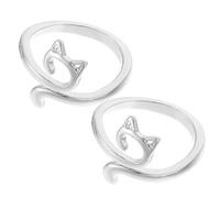 WOONEKY Anillos de Dedo Ajustables de Aleación, Diseño Geométrico Gato, 2 Piezas Plateadas, Accesorios para Tejer y Guía de Hilo, Sujeta-dedos para Crochet y Manualidades