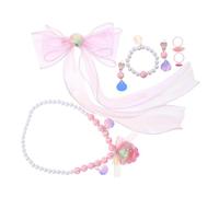 WOONEKY Joyería para Niñas con Temática Sirena y Princesa Incluye Collar de Conchas Pulsera de Perlas Anillo Clips de Lazo Rosa para Fiestas Fantasía