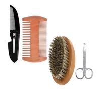 WOONEKY Juego de Cuidado de Barba para Hombres Kit de 4 Piezas Peine de Madera Doble Cara Cepillo de Cerdas para Bigote Tijeras y Mini Peine Plegable Portátil para Estilizado y