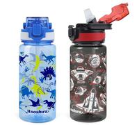 wooshwa Botella de Agua Niños y Niñas 600ml, 2 Piezas Botella Infantil con Pajitas para Colegio Deportes Viajes, A prueba de fugas y Sin BPA - Dinosaurio y Nave Espacial