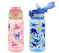 wooshwa Botella de Agua Niños y Niñas 600ml, 2 Piezas Botella Infantil con Pajitas para Colegio Deportes Viajes, A prueba de fugas y Sin BPA - Unicornio y Dinosaurio