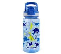 wooshwa Botella de Agua Niños y Niñas 600ml, Botella Infantil con Pajitas para Colegio Deportes Viajes, A prueba de fugas y Sin BPA - Dinosaurio Azul