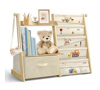 wooshwa Estanteria Libros Infantil, Libreria Estanteria Montessori Infantil, Estantería de Juguetes con 4 Estanterías, 2 estantes de exposición y 1 Caja de Almacenamiento - Excavadora