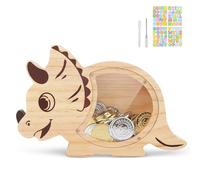 Wooshwa Hucha de madera para niños, bonita hucha de dinosaurio para niños, caja creativa para ahorrar dinero con calcomanías de bricolaje y bolígrafo borrable, hucha irrompible para cumpleaños