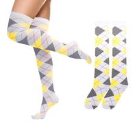 woosnscly Calcetines altos hasta el muslo para mujer, color amarillo y blanco, Argyle amarillo y blanco, 1 paquete, 4.5-7.5