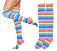 woosnscly Calcetines altos hasta el muslo para mujer, diseño de rayas arcoíris, Muslo arcoíris, 4.5-7.5