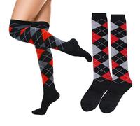 woosnscly Calcetines altos hasta el muslo para mujer, Negro rojo argyle, 4.5-7.5