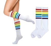 woosnscly Calcetines altos hasta la rodilla para mujer, diseño de rayas arcoíris, Tiras blancas de arco iris, 4.5-7.5