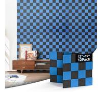 Woovio Paneles Acústicos Adhesivos 12 Unidades, Absorbedor de Son en Poliéster 30x30x0.9cm, Aislante Acústico de Pared para Estudio Oficina Gaming Deco,Paneles Insonorizacion Damero en Negro-azul