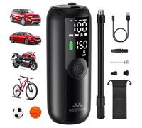 Woowind Compresor Aire Portatil 150PSI/10,3Bar, Bomba Bicicleta, Inflador Ruedas Coche, Inflado en 1 Minuto, Hinchador Ruedas Coche, Bici, Moto y Balones, Apagado Automático, Pantalla LCD Linterna LED
