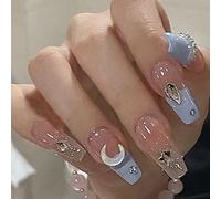 WOOXDYUK 24 uñas postizas francesas de larga presión en las uñas, azul marino, estrellas, luna, postizas, prensas en uñas artificiales para mujeres con pegamento de gelatina