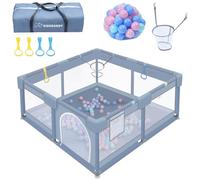 WoRaum Parque infantil de 130 x 130 x 66 cm, parque infantil con anillos de tracción, pelotas, red transpirable, suelo antideslizante, parque de seguridad para niños (gris, 130 cm)