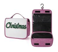 Word Christmas in Dark Forest - Neceser de viaje cursivo para mujer, organizador de maquillaje colgante con gancho para champú