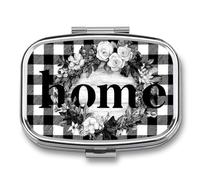 Word Home and Flowers Wreath Pastillero a cuadros blanco y negro con 2 compartimentos, organizador de pastillas de viaje para bolso de bolsillo