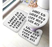 Word Juego de Alfombrillas de baño Wake Up WorkLook Hot Kick Ass con Doodle Splashes Polka Dot Alfombrilla de baño 3 Piezas Alfombra Tapa del Asiento del Inodoro Alfombrilla Antideslizante Almohadil