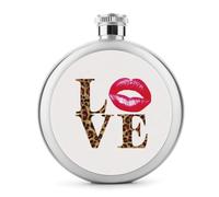 Word Love in Bold - Petaca de acero inoxidable con diseño de leopardo para licor, botella de vino portátil de bolsillo redondo para bebida, 5 onzas