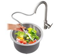 WORDFUN Fregadero De Cocina Redondo De Acero Inoxidable, 28 30 32 36 40 42cm, Fregadero De Barra De Una Cubeta, Bajo/sobre Encimera, para Baño, Exterior, RV Y Bar, with Pull out Tap(40x40cm)