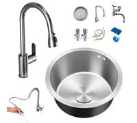 WORDFUN Fregadero De Cocina Redondo De Acero Inoxidable, Fregadero De Preparación Empotrable, 1 Lavabo, con Grifo Extraíble, para Cocina, Comedor, Bar, RV, Puesto De Trabajo, Exterior(28x28cm)