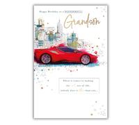 Words 'n' Wishes Maravillosa tarjeta de cumpleaños para nieto, diseño de coche deportivo rojo en relieve con detalles de aluminio, respetuosa con el medio ambiente