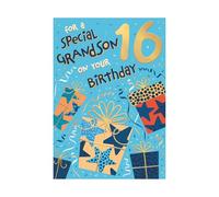 Words 'n' Wishes - Tarjeta de cumpleaños número 16 para nieto, diseño multicolor con estrellas y regalos, 23,5 x 16,5 cm