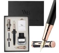Wordsworth & Black Juego de pluma estilográfica, plumines medio y extrafino chapados en oro de 18K,botella negra de 25ML,6 cartuchos de tinta,convertidor de recarga,escritura suave [Negro y Oro Rosa]