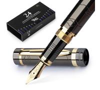 Wordsworth & Black Juego de pluma estilográfica Primori (Oro metalizado) de punta media con estuche de regalo, 24 cartuchos de tinta, convertidor de recarga de tinta, estuche de regalo, caligrafía