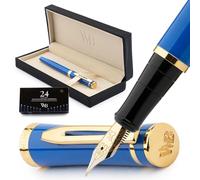 Wordsworth & Black Juego de pluma estilográfica punta media dorada de 18 kt con 24 cartuchos de tinta, convertidor para la recarga de tinta y estuche de regalo, acabado dorado (Azul imperial)