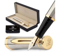 Wordsworth & Black - Juego de plumas estilográficas finas, incluye 6 cartuchos de tinta y un convertidor de recarga de tinta, estuche de regalo, para caligrafía, escritura lisa, plateado y dorado