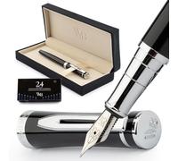 Wordsworth & Black - Juego de plumas estilográficas medias, incluye 6 cartuchos de tinta y un convertidor de recarga de tinta, estuche de regalo, para caligrafía, escritura lisa, cromado y negro