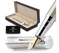 Wordsworth & Black - Juego de plumas estilográficas, pluma dorada fina de 18 quilates, 24 cartuchos de tinta, convertidor de recarga y estuche de regalo, para caligrafía, plateado y cromado