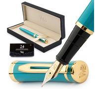Wordsworth & Black - Juego de plumas estilográficas, pluma dorada media de 18 quilates, 24 cartuchos de tinta, convertidor de recarga de tinta y estuche de regalo, para caligrafía, turquesa y dorado