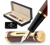 Wordsworth & Black - Juego de plumas estilográficas, pluma dorada media de 18 quilates, 24 cartuchos de tinta, convertidor de recarga de tinta y estuche de regalo, para caligrafía, dorado y marrón