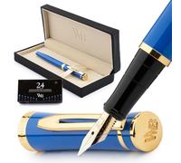 Wordsworth & Black - Juego de plumas estilográficas, punta ancha dorada de 18 quilates, 24 cartuchos de tinta, convertidor de recarga y estuche de regalo, para caligrafía, azul imperial