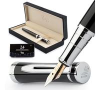 Wordsworth & Black - Juego de plumas estilográficas, punta ancha, incluye 24 cartuchos de tinta, convertidor de recarga de tinta y estuche de regalo, acabado cromado, para caligrafía, cromado y negro