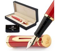 Wordsworth & Black - Juego de plumas estilográficas, punta extrafina, 24 cartuchos de tinta, convertidor de recarga de tinta y estuche de regalo, acabado cromado, para caligrafía, rojo carmesí