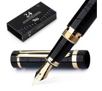 Wordsworth & Black Primori Juego de Pluma Fuente [Negro Oro]; Punta Fina, Estuche de Regalo, 24 Cartuchos de Tinta, Convertidor de Recarga, Manual; Diario, Caligrafía